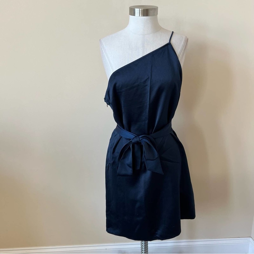 Marissa Webb Collective Satin One Shoulder Tie Sash Dress Size 10 Navy Blue 954